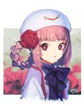  1girl braid character_request flower looking_at_viewer murata_tefu open_mouth puyopuyo puyopuyo_quest red_eyes red_flower red_rose rose short_hair solo sparkling_eyes 