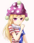  1girl absurdres american_flag_shirt bangs blonde_hair blush breasts closed_mouth clownpiece commentary_request eyebrows_visible_through_hair hand_up hat highres jester_cap long_hair looking_at_viewer medium_breasts midoriiro_(ryuisaw) neck_ruff pink_background polka_dot purple_headwear shirt short_sleeves simple_background smile solo star_(symbol) star_print striped striped_shirt touhou upper_body violet_eyes 