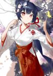  1girl absurdres animal_ear_fluff animal_ears black_hair blue_archive blurry blurry_background cat_ears closed_mouth flower gohanduck hair_flower hair_ornament hakama hakama_skirt highres index_finger_raised japanese_clothes long_hair long_sleeves looking_at_viewer outdoors ponytail red_eyes red_skirt serika_(blue_archive) serika_(new_year)_(blue_archive) skirt solo wide_sleeves 