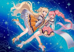  ahoge black_choker blonde_hair blue_bow blue_eyes boots bow braid choker closed_mouth commentary dress facial_mark floating frilled_dress frills green_eyes hair_bow headset high_heel_boots high_heels highres holding_hands idol kamille_(vcx68) long_hair long_sleeves looking_at_viewer medium_dress one_eye_closed open_mouth orange_boots orange_dress pink_boots pink_dress pink_hair seeu short_dress side_ponytail smile star_(symbol) twin_braids two_side_up uni_(vocaloid) very_long_hair vocaloid wide_sleeves 