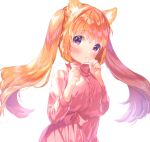  1girl :o animal_ears blush bow bowtie commentary_request dress highres long_hair looking_at_viewer mutou_mato orange_hair original pink_dress simple_background solo twintails upper_body violet_eyes white_background 
