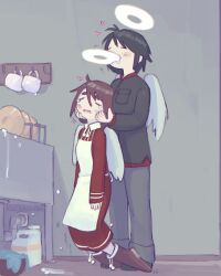  2girls artist_name biting biting_another biting_another&#039;s_head blush boots breast_rest breasts breasts_on_head coat crying cuddling cup dish_rack dishes dishwashing dress drooling feathered_wings feathers haibane_renmei halo heart highres holding indoors kana_(haibane) kurohanenone mug multiple_girls open_mouth pants plate pom_pom_(clothes) puddle rakka_(haibane) red_dress red_sweater shaking sink soap sweater white_stripes wings 