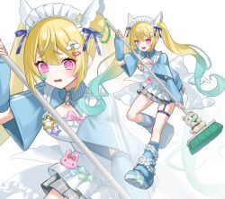  1girl @_@ absurdres apron arm_warmers back_bow blonde_hair blue_arm_warmers blue_bow blue_jacket blue_leg_warmers blush bow breasts breasts_out confused facial_mark fangs fingernails flying flying_sweatdrops frilled_apron frills full_body green_bow green_hair hair_between_eyes hair_ornament hair_ribbon hairclip highres holding holding_mop jacket jersey_maid kiki-yu knees leg_up leg_warmers long_hair looking_down maid maid_apron maid_headdress medium_breasts miniskirt monkey_girl mop multicolored_hair multiple_views nervous_sweating o-ring o-ring_thigh_strap open_mouth original pink_bow pink_eyes pink_nails pleated_skirt ribbon ringed_eyes shoes short_sleeves sidelocks simple_background skirt smile sneakers solo star_(symbol) striped_clothes striped_skirt stuffed_animal stuffed_toy sweat thigh_strap thighs track_jacket turtleneck twintails unconventional_maid wavy_mouth white_apron white_background wide_sleeves wing_hair_ornament wings x_hair_ornament zipper zipper_pull_tab zoom_layer 