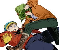 2boys back belt black_belt blue_eyes blue_hat blue_pants boots breast_pocket brown_boots brown_eyes brown_hair buttons chinese_commentary clenched_hand clothes_grab commentary_request eric_cartman feet_out_of_frame fighting fur-trimmed_boots fur-trimmed_headwear fur_trim gloves green_gloves green_hat green_pants hand_up hat heterochromia highres imminent_punch jacket kugai697139 kyle_broflovski looking_at_another looking_up lying male_focus multiple_boys on_back on_one_knee open_clothes open_jacket open_mouth orange_jacket pants pocket pom_pom_(clothes) red_hair red_jacket scared shirt short_hair simple_background south_park sweatdrop t-shirt teeth white_background white_shirt yellow_gloves 