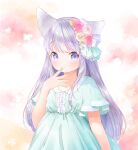  1girl animal_ears blue_dress blush commentary_request dress finger_to_own_chin flower hair_flower hair_ornament highres long_hair looking_at_viewer mutou_mato original purple_hair short_sleeves smile solo upper_body violet_eyes 