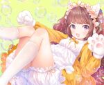  1girl :3 animal_ears animal_hands apron bloomers blush brown_hair bubble cat_ears cat_girl commentary_request dress feet_out_of_frame frilled_hairband frills gloves hairband kneehighs long_hair maid mutou_mato neck_ribbon open_mouth original paw_gloves ribbon smile solo underwear violet_eyes wavy_hair white_apron yellow_dress 