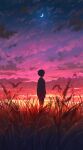  1boy absurdres bird blurry blurry_foreground clouds cloudy_sky crescent_moon from_behind highres long_sleeves looking_up male_focus moon original pasoputi scenery short_hair sky solo sunset wheat_field 