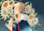  1boy absurdres blonde_hair blue_jacket cross eyebrows_visible_through_hair flower from_side fur_trim green_hair hice_hideice highres holding holding_cross isoi_reiji jacket light_particles long_sleeves parted_lips red_shirt saibou_shinkyoku shirt solo sunflower 