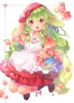  1girl animal_ears apron basket blush boots brown_footwear commentary_request dress flower flower_basket frilled_dress frills green_hair hat highres looking_at_viewer mutou_mato open_mouth original pink_headwear red_dress red_eyes short_sleeves smile solo tail white_apron 