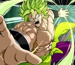  1boy abs angry black_border border bracer broly_(dragon_ball_super) commentary_request cross_scar dragon_ball dragon_ball_super dragon_ball_super_broly energy_ball floating_clothes floating_hair fur_(clothing) furious green_fur green_hair incoming_attack legendary_super_saiyan male_focus muscular muscular_male no_pupils open_mouth pants pelt purple_pants reaching reaching_towards_viewer scar scar_on_cheek scar_on_chest scar_on_face shin_(mrgt2288) short_hair solo spiky_hair super_saiyan teeth topless_male 