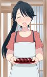  1girl alternate_costume apron black_hair closed_eyes collarbone food high_ponytail holding holding_plate houshou_(kancolle) kantai_collection long_hair open_mouth pink_shirt plate shirt solo tanaka_rikimaru upper_body white_apron 