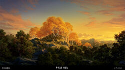  artist_name blue_sky clouds commentary english_commentary english_text forest gradient_sky highres hill landscape logo mountainous_horizon nature no_humans original outdoors painterly painting_(medium) philipp_urlich scenery sky sunlight traditional_media tree yellow_leaf yellow_sky 