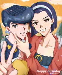  1boy 1girl absurdres blue_eyes blue_gakuran blue_hair brown_eyes chromatic_aberration commentary commentary_request crazy_diamond dated diamond_wa_kudakenai earrings gakuran grey_hairband grin hairband happy_birthday heart_ornament higashikata_josuke higashikata_tomoko highres j_r_04 jacket jewelry jojo_no_kimyou_na_bouken pompadour red_jacket school_uniform shirt short_hair smile stand_(jojo) stud_earrings teeth v yellow_shirt 