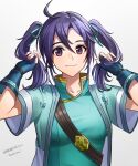 1girl blue_gloves blue_kimono breasts fingerless_gloves fir_(fire_emblem) fire_emblem fire_emblem:_the_binding_blade gloves highres japanese_clothes kimono looking_at_viewer purple_hair small_breasts smile twintails violet_eyes voyager_bihai