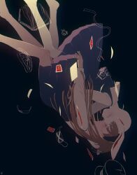  2girls alice&#039;s_spiritual_judge alice_kanzaki blue_hairband brown_hair card closed_eyes furry furry_female hairband highres long_hair long_sleeves multiple_girls playing_card pleated_skirt rabbit_girl shirt skirt upside-down very_long_hair white_rabbit_(alice_spirtiual_judge) white_shirt zabuton_dorobou 