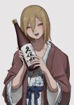 1girl alcohol bangs blonde_hair blush bottle brown_robe closed_eyes collarbone commentary_request facing_viewer floral_print hair_between_eyes hands_up head_tilt highres holding holding_bottle japanese_clothes kimono long_hair long_sleeves open_mouth original sake sake_bottle sidelocks simple_background smile solo tabao teeth upper_body upper_teeth white_background white_kimono wide_sleeves 