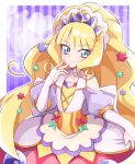  1girl apron bare_shoulders blonde_hair blush brooch corset cure_finale delicious_party_precure dress eyebrows_visible_through_hair gauntlets hair_between_eyes hair_ornament heart heart_background heart_brooch highres jewelry kasai_amane long_hair looking_at_viewer multicolored_clothes precure purple_background smile solo star_(symbol) star_hair_ornament tiara usoco white_background 