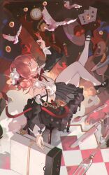  1girl absurdres ace_(playing_card) ace_of_clubs alf_(silver_palace) bare_shoulders bird black_shoes black_skirt black_sleeves bow bowtie card club_(shape) detached_sleeves fork from_side full_body hand_up high_heels highres long_sleeves miniskirt on_stool pantyhose pink_hair playing_card pocket_watch profile puffy_long_sleeves puffy_sleeves red_background red_bow red_bowtie saturn_(saturn_illus) shirt shoes short_hair silver_palace sitting skirt sleeveless sleeveless_shirt solo spoon table_knife three_of_clubs two_of_clubs watch white_bird white_pantyhose white_shirt 