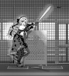  1girl baseball_bat bow breasts dress drill_hair eyebrows_visible_through_hair gloves greyscale hair_behind_ear hair_bow hairband high_heels highres holding holding_baseball_bat hyakumantenbara_salome long_hair medium_breasts monochrome nijisanji off-shoulder_dress off_shoulder open_mouth pantyhose sakayama_shinta solo v-shaped_eyebrows very_long_hair virtual_youtuber 