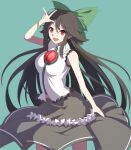  1girl :d bad_hands bangs black_hair bow bracelet frilled_shirt frills green_background green_skirt hair_bow highres jewelry kinupan(yuma6691) long_hair looking_at_viewer open_mouth red_eyes reiuji_utsuho shirt simple_background skirt sleeveless sleeveless_shirt smile solo touhou v white_shirt 