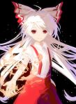  1girl black_background bow embers fire fujiwara_no_mokou hair_bow highres light_particles long_hair looking_at_viewer pants pyrokinesis red_eyes red_pants shirt short_sleeves simple_background smile solo suspenders torn_clothes touhou very_long_hair white_shirt whiten_wolf 