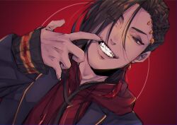  1boy asymmetrical_hair black_eyes blazer braid brown_hair circle curtained_hair dark-skinned_male dark_skin dutch_angle eyes_visible_through_hair eyeshadow feather_hair_ornament feathers film_grain finger_in_own_mouth fingernails grin hair_ornament hair_over_one_eye hair_over_shoulder hood hood_down hoodie jacket jacket_over_hoodie jamil_viper long_hair looking_at_viewer low_ponytail makeup male_focus narrowed_eyes night_raven_college_uniform nishino_(fetv8484) open_mouth ponytail portrait red_background red_hoodie sleeves_past_wrists smile solo straight-on teeth twisted_wonderland vignetting 