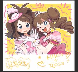 >_o 2girls ;d antenna_hair blue_eyes blush bright_pupils brown_hair character_name chinese_commentary commentary_request double_bun dress gloves hair_bun hands_up happy hat heart highres hilda_(pokemon) hilda_(special_costume)_(pokemon) kyuu999_bot looking_at_viewer mini_hat multiple_girls official_alternate_costume one_eye_closed open_mouth pink_dress pink_hat pokemon pokemon_bw2 pokemon_masters_ex pokestar_studios rosa_(pokemon) short_sleeves sidelocks smile sweatdrop teeth tiara tongue upper_teeth_only white_gloves white_pupils yellow_background yuri