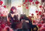  1boy 1girl absurdres alcohol black_dress chi_meng_(hua_jianghu_zhi_bei_mo_ting) cup dress drinking_glass flower hair_flower hair_ornament highres hua_jianghu_chiyou_zhuye hua_jianghu_zhi_bei_mo_ting long_hair on_lap purple_hair rose sidelocks sitting stained_glass upper_body wine wine_glass 