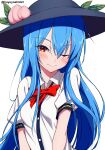  1girl absurdres black_headwear blue_hair blush buttons closed_mouth collarbone eyebrows_visible_through_hair hair_between_eyes hat highres hinanawi_tenshi long_hair one_eye_closed puffy_short_sleeves puffy_sleeves red_eyes shirt short_sleeves simple_background solo touhou twitter_username upper_body white_background white_shirt yoshinatsu 