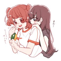  2girls :d aijou_karen black_hair black_shirt blue_eyes blush breasts brown_eyes brown_hair commentary_request crab_print cropped_torso from_side hair_between_eyes hand_on_another&#039;s_shoulder hands_up head_on_another&#039;s_shoulder heads_together highres hirake_goma holding holding_sponge jewelry kagura_hikari long_hair looking_at_another looking_to_the_side medium_breasts multiple_girls nose_blush open_mouth parted_lips print_shirt puff_of_air raised_eyebrows ring shirt short_hair short_sleeves shoujo_kageki_revue_starlight sideways_glance simple_background smile soap sponge teeth translated two_side_up upper_body upper_teeth_only washing_hands wedding_ring wet white_background white_shirt yuri 