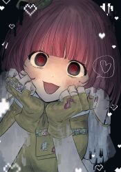  1girl @_@ bare_shoulders black_hair blush dark fingerless_gloves glitch gloves heart highres kamen_rider kamen_rider_ex-aid_(series) looking_at_viewer mole mole_under_eye musical_note open_mouth pink_hair pixelated poppi_pipopapo short_hair short_sleeves solo upper_body yellow_gloves yuge_(white321ice) 