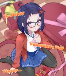  1girl absurdres black-framed_eyewear black_pantyhose blue_eyes blue_hair blue_necktie blue_skirt blush box cardigan claw_hair_clip commentary_request diguo_keran_wu english_text from_above glasses heart-shaped_box highres in_box in_container long_sleeves looking_at_viewer mila_(miside) miside mita_(miside) mixed-language_commentary necktie open_cardigan open_clothes open_mouth pantyhose pleated_skirt pocket red_cardigan shirt short_hair sitting skirt solo wariza white_shirt 