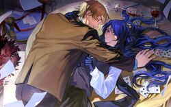  1boy 1girl alcohol black_gloves black_jacket black_pants blonde_hair blue_eyes blue_hair brown_jacket card cup degrees_of_lewdity drinking_glass eight_of_diamonds_(playing_card) four_of_clubs gloves hetero highres jacket looking_at_viewer looking_back lying needsahug nine_of_spades on_back pants playing_card red_wine seven_of_clubs shirt short_hair sleeveless sleeveless_jacket ten_of_hearts three_of_diamonds two_of_spades white_shirt wine wine_glass wren_(degrees_of_lewdity) wren_(male)_(degrees_of_lewdity) yellow_eyes 