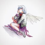  1girl :| arm_support bangs bird_wings boots bow bowtie closed_mouth commentary full_body grey_footwear grey_hair grey_jacket jacket kishin_sagume long_sleeves one-hour_drawing_challenge piu_(pengtaipxv2014) purple_shirt purple_skirt red_bow red_eyes shirt short_hair single_wing sitting skirt solo touhou white_wings wings 