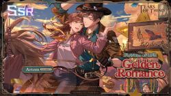  1boy 1girl :d artem_wing_(tears_of_themis) belt black_gloves blue_sky brown_hair brown_jacket brown_pants character_name closed_eyes closed_mouth clouds cloudy_sky cowboy cowboy_hat cowboy_western denim fingerless_gloves gloves green_shirt hat hetero horse horseback_riding jacket jeans long_hair long_sleeves neckerchief official_art open_mouth pants people pink_jacket pink_shirt riding rosa_(tears_of_themis) shirt short_hair sky smile sunset tears_of_themis yellow_neckerchief 