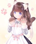  1girl :p animal_ears animal_hands apron blush brown_hair cat_ears cat_girl cat_tail commentary_request cowboy_shot dress gloves grey_dress highres long_hair looking_at_viewer mutou_mato original paw_gloves paw_print solo tail tongue tongue_out upper_body violet_eyes 