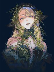  1girl absurdres bare_shoulders black_background black_dress blonde_hair chinese_commentary commentary_request dress dungeon_meshi ear_covers elf green_eyes highres long_hair looking_at_viewer marcille_donato marcille_donato_(lord) parted_lips plant plant_growth pointy_ears sample_watermark simple_background solo upper_body watermark xiangjiao_wangzi 