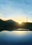  absurdres grass highres mitsukasa mountain no_humans original outdoors power_lines reflection rice_paddy scenery sunlight sunrise water 