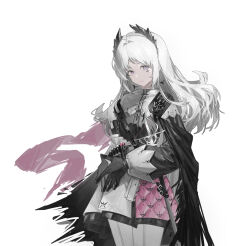  1girl arknights black_dress black_gloves chinese_commentary closed_mouth commentary cowboy_shot dress expressionless front-seamed_legwear gloves grey_eyes hair_intakes highres iberia_logo irene_(arknights) long_hair long_sleeves macha_bafei own_hands_together pantyhose puffy_long_sleeves puffy_sleeves scar scar_across_eye scar_on_face seamed_legwear simple_background solo standing steepled_fingers white_background white_dress white_hair white_pantyhose 