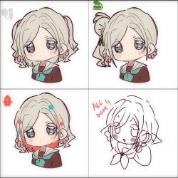  1girl aqua_neckerchief blush borrowed_accessory borrowed_hairstyle brown_dress ceras_yanagida_lilienfeld closed_mouth col_person colored_eyelashes commentary dot_mouth dress english_text flower fujishima_megumi grey_hair hair_bun hair_flower hair_ornament hair_ribbon hasu_no_sora_school_uniform highres link!_like!_love_live! love_live! medium_hair multicolored_hair multiple_views neckerchief otomune_kozue parted_bangs pink_flower pink_ribbon red_hair ribbon sailor_collar sailor_dress school_uniform side_ponytail sidelocks single_side_bun star_(symbol) star_hair_ornament streaked_hair symbol-only_commentary tassel tassel_hair_ornament two_side_up virtual_youtuber white_sailor_collar winter_uniform yugiri_tsuzuri 