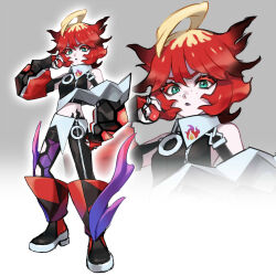  1girl alternate_costume alternate_hair_color bare_shoulders black_hair black_lips black_nails blonde_hair boots closed_mouth colored_eyelashes commentary_request fingerless_gloves freckles full_body gloves green_eyes grey_background highres hip_tattoo holding holding_poke_ball lipstick makeup mela_(pokemon) midriff multicolored_hair nikorupurumie outer_glow poke_ball poke_ball_(basic) pokemon pokemon_sv red_boots red_gloves red_hair short_hair standing team_star zoom_layer 