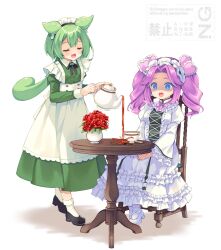  2girls :d alternate_costume animal_ears apron black_shoes blue_eyes blush chair closed_eyes collared_dress commentary_request contrast_collar cup dress enmaided failure flower frilled_dress frilled_sleeves frills full_body green_dress green_hair highres holding holding_teapot juliet_sleeves long_hair long_sleeves maid maid_headdress medium_hair multiple_girls open_mouth ponytail pouring puffy_sleeves purinpurin purple_hair purple_ribbon red_flower red_rose ribbon rose shaded_face shikoku_metan shoes simple_background sitting smile socks standing surprised table teacup teapot utau vase voicevox watermark white_apron white_background white_dress white_shoes white_socks wide_sleeves zundamon 