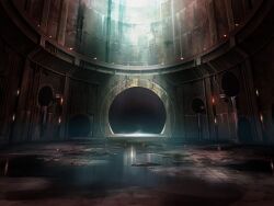  artist_request day game_cg indoors industrial industrial_pipe light_rays magia_record:_mahou_shoujo_madoka_magica_gaiden mahou_shoujo_madoka_magica no_humans official_art puddle reflective_floor scenery sewer sunlight tunnel 