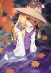  &gt;_&lt; 1girl absurdres blonde_hair blush brown_headwear closed_mouth full_body hair_ribbon hat head_tilt highres leaf long_hair long_sleeves looking_at_viewer maple_leaf moriya_suwako partially_submerged purple_skirt purple_vest rangque_(user_vjjs4748) red_ribbon ribbon shirt sidelocks skirt skirt_set smile solo split_mouth touhou vest water white_shirt wide_sleeves yellow_eyes 