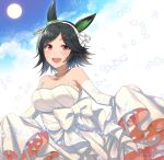  alternate_costume animal_ears bandaid bandaid_on_face black_hair breasts chikabo_m collarbone commentary_request dress hair_ornament horse_ears large_breasts looking_at_viewer moon open_mouth petals red_eyes short_hair sky translation_request umamusume wedding_dress winning_ticket_(umamusume) 