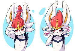  alternate_hairstyle animal_ears cinderace looking_at_viewer mochi2samehada multiple_views pokemon pokemon_(creature) rabbit_ears red_eyes red_hair upper_body white_fur 