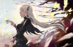  1girl absurdres bangs black_capelet black_dress bug butterfly butterfly_hair_ornament capelet colored_eyelashes cup dress echidna_(re:zero) hair_ornament highres holding holding_cup long_hair long_sleeves looking_at_viewer name1122 re:zero_kara_hajimeru_isekai_seikatsu red_eyes smile solo teacup water white_hair 