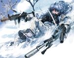  1girl absurdres blue_eyes blue_hair boots braid bulletproof_vest camouflage camouflage_jacket camouflage_pants chtv_(tarreban) full_body gloves gun handgun highres holding holding_gun holding_weapon izayoi_sakuya jacket medium_hair open_mouth pants pistol rifle side_braids sliding_doors sniper_rifle snow soldier solo submachine_gun teeth touhou twin_braids upper_teeth weapon white_footwear white_gloves winter winter_clothes 