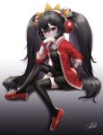  1girl :&lt; absurdres ashley_(warioware) black_dress black_hair black_legwear blush dress full_body gradient gradient_background hair_ornament headphones highres jacket long_hair looking_at_viewer open_mouth puchiman red_eyes red_footwear red_jacket shoes simple_background sitting skull_hair_ornament solo symbol-only_commentary thigh-highs twintails warioware wristband 