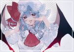  1girl alternate_hair_length alternate_hairstyle ascot blue_hair bow commentary demon_wings fingernails hair_between_eyes hand_on_own_cheek hand_on_own_face hands_up hat hat_bow katai_(nekoneko0720) lace lace-trimmed_headwear lace-trimmed_sleeves lace_trim long_hair looking_at_viewer lower_teeth mob_cap nail_polish parted_lips puffy_short_sleeves puffy_sleeves red_ascot red_bow red_eyes red_nails remilia_scarlet sharp_fingernails shirt short_sleeves smile solo teeth tongue touhou tsurime upper_body white_headwear white_shirt wings 